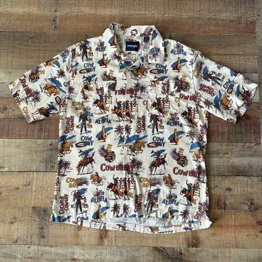 Wrangler Mens Size L Coconut Cowboy Print Short Sleeve Button-Up Shirt
